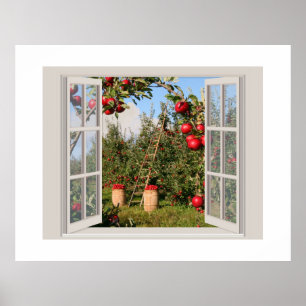 Apple Orchard bekeken door een open venster Poster