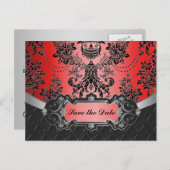 Apple Red & Black Damask Wedding Bewaar de datums Aankondigingskaart (Voorkant / Achterkant)