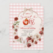 Apple Sweet One Birthday Pink Gingham Herfst Bloem Kaart (Voorkant / Achterkant)