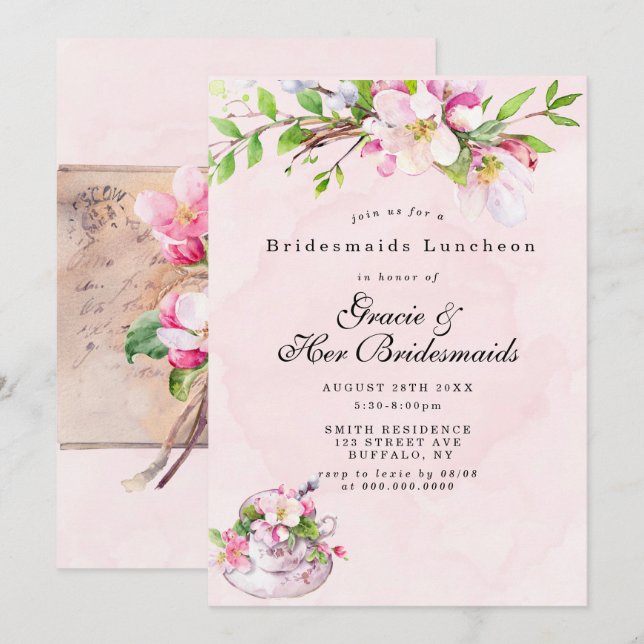 Apple Tree Blossom Bridesmaids Luncheon Invitae (Voorkant / Achterkant)