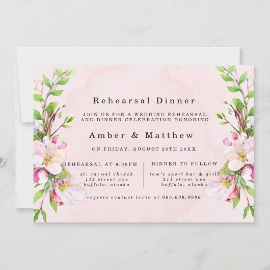 Apple Tree Blossom Waterverf Rehearsal Dinner Kaart (Voorkant)