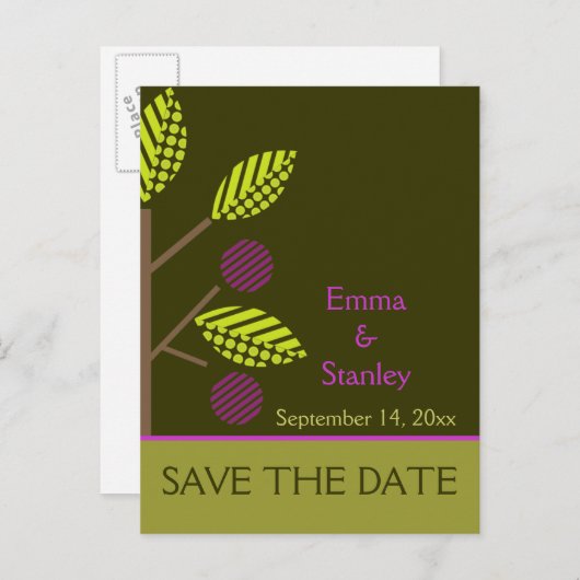 Apple Tree paarse herfst bruiloft Save the Date Aankondigingskaart (Voorkant / Achterkant)