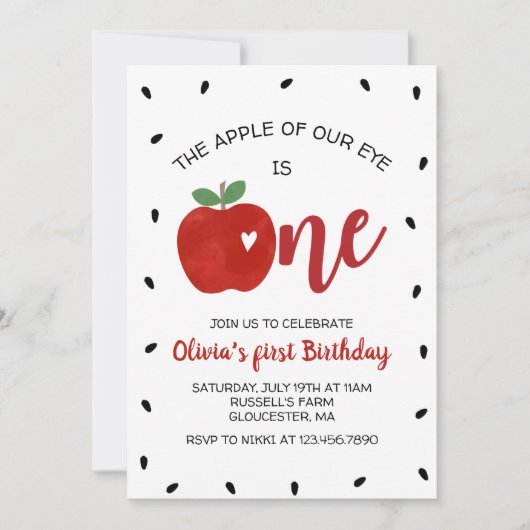 Apple van onze uitnodiging voor de eerste verjaard (Voorkant)