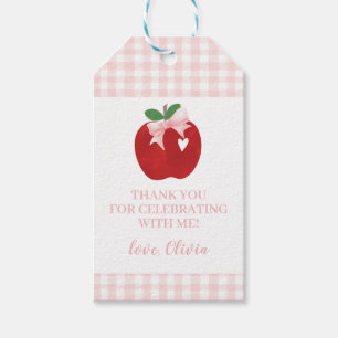 Apple verjaardag roze strik en ruitjes cadeaulabel