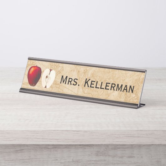 Apple Wereldkaart Leerernaam Elegant Bureau Naambordje (Voorkant)