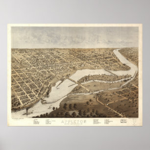 Appleton Wisconsin 1887 Antiek Panoramische Kaart Poster