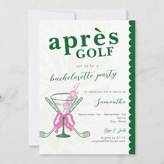 Aprés Golf Martini Coquette Bow Bachelorette Party Kaart (Voorkant)