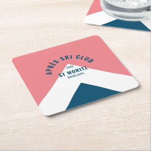 Après Ski Club Roze Navy Retro Stijl Ski Feest Vierkante Kartonnen Onderzetter