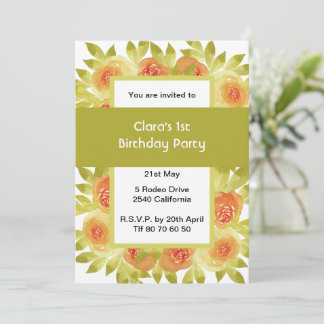 Apricot Watercolour Roses Green Party Kaart
