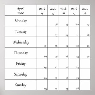april 2020 planner kalender met weeknummer poster