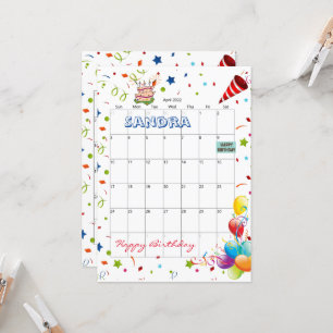 April 2022 Kalender Gelukkige Verjaardag Uitnodigi Kaart