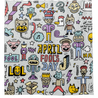 April fools day grappige doodle kleurrijke set 1.  douchegordijn