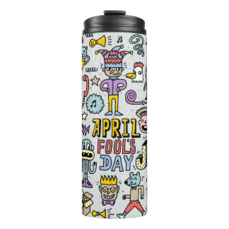 April fools day grappige doodle kleurrijke set 1.  thermosbeker