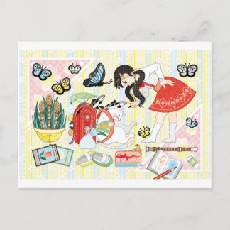 April illustration "Cat and school bag" Briefkaart