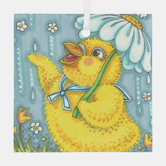 APRIL SHOWERS CUTE BABY CHICK & SPRING FLOWER GLAS ORNAMENT (Achterkant)