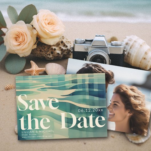  Aqua 70s Waves Foto Bruiloft Save the Date Kaart