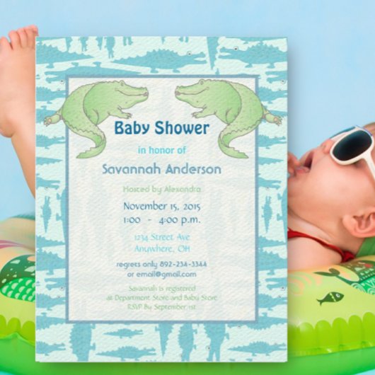 Aqua Alligator Motif bébé garçon douche Invitation