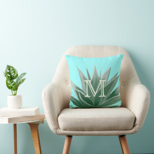 Aqua Aloe Succulent Ivory Monogram Modern Pillow Kussen