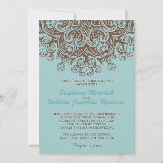 Aqua and Brown Wedding Invitation Kaart (Voorkant)