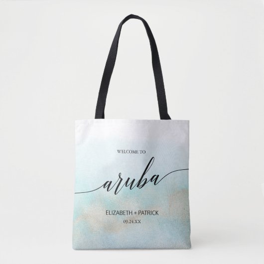 Aqua and Gold Beach Aruba Weddenschap Welkom Draagtas (Voorkant)