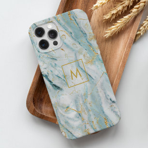 Aqua and Gold Printed Marble Texture Monogramed iPhone 15 Mini Hoesje