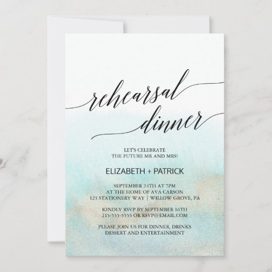 Aqua and Gold Waterverf Beach repetitie Dinner Kaart (Voorkant)