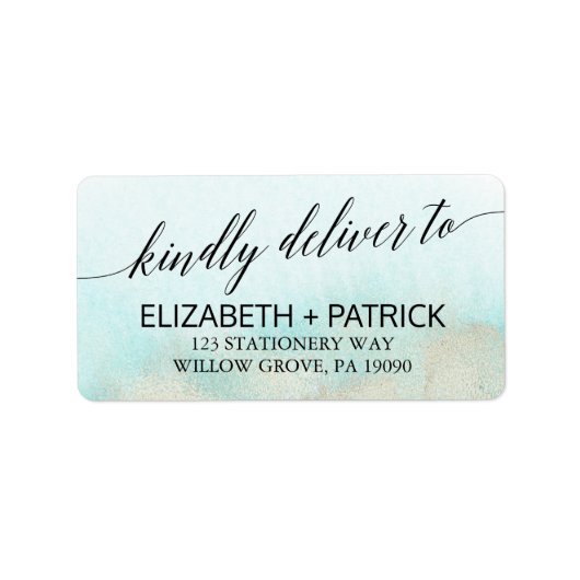 Aqua and Gold Waterverf Beach Wedding Etiket (Voorkant)