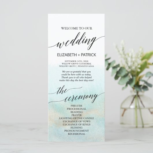 Aqua and Gold Waterverf Beach Wedding Program Programma (Staand voorkant)
