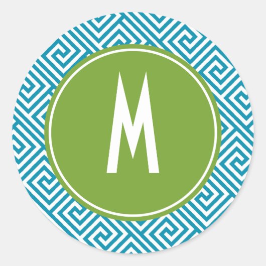 Aqua and Green Greek Key Pattern Monogram Ronde Sticker (Voorkant)