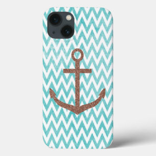 Aqua and White Chevron Glitter Anchor iPhone 13 Hoesje