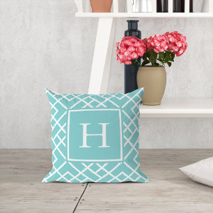 Aqua and White Geometric Bamboo Lattice Monogram Kussen