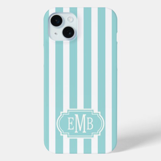 Aqua and White Monogrammed Stripes Case-Mate iPhone Case (Achterkant)