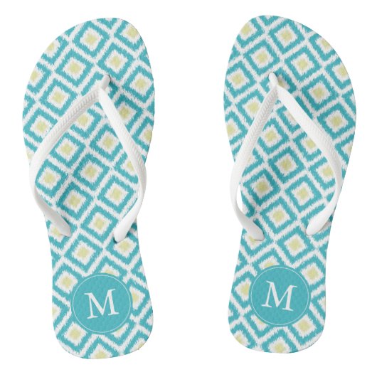 Aqua and Yellow Diamonds Ikat Pattern, gepersonali Teenslippers (Voetbed)