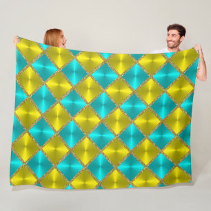 Aqua and Yellow Metallic look Squares met Gold Fleece Deken