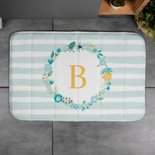 Aqua and Yellow Monogrammed Floral Wreath Badmat