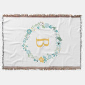 Aqua and Yellow Monogrammed Floral Wreath Deken (Voorkant)