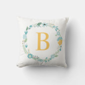 Aqua and Yellow Monogrammed Floral Wreath Kussen (Voorkant)