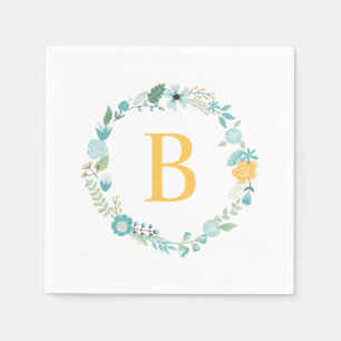 Aqua and Yellow Monogrammed Floral Wreath Servet