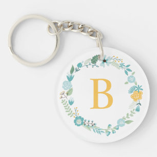 Aqua and Yellow Monogrammed Floral Wreath Sleutelhanger