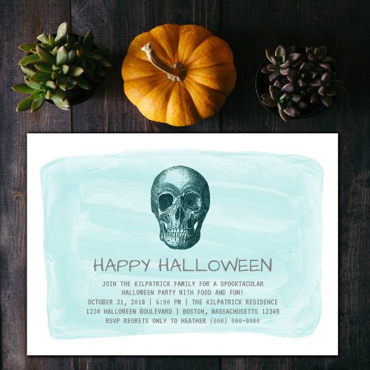Aqua Aquarelle Crâne Halloween Invitation de la fê