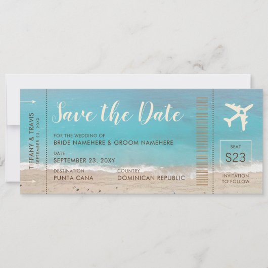 Aqua Beach Boarding Pass Ticket Save the Date Kaar Aankondiging (Voorkant)