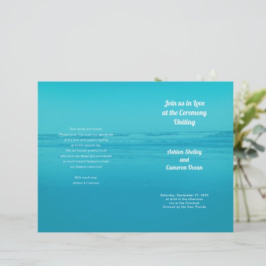 Aqua Beach Ceremony Folded Wedding Program (Staand voorkant)