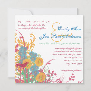 Aqua Beeswax Raspberry Wild Flower Bird Wedding Kaart