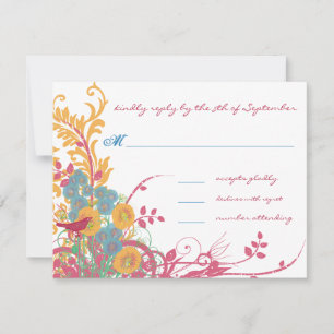 Aqua Bijenwas Framboos Wilde Bloem Bruiloft Vogel RSVP Kaartje