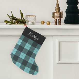 Aqua & Black Buffalo Plaid Gepersonaliseerd Kleine Kerstsok