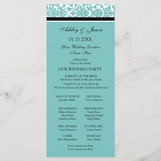Aqua Black Damask Wedding Program Programma (Achterkant)