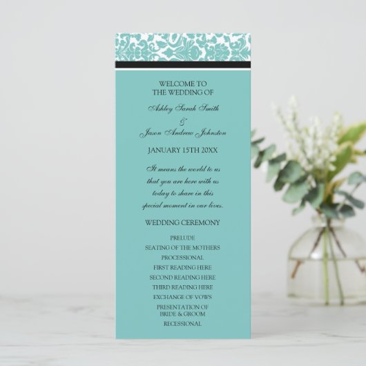 Aqua Black Damask Wedding Program Programma (Staand voorkant)