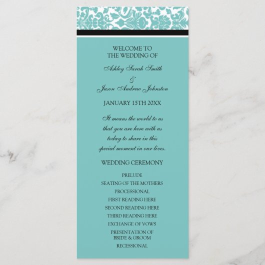 Aqua Black Damask Wedding Program Programma (Voorkant)