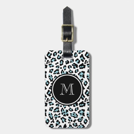 Aqua Black Leopard Animal Print met Monogram Bagagelabel (Voorkant verticaal)