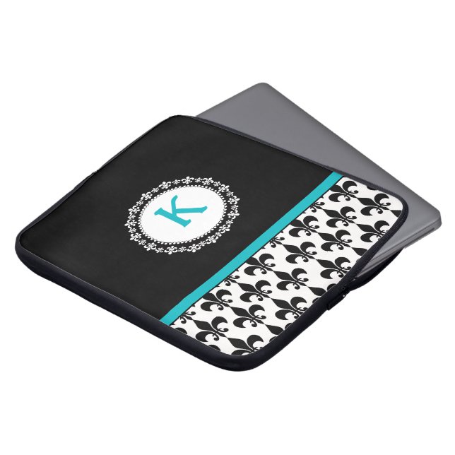 Aqua Black Monogram Fleur de Lis Laptop Sleeve (Voorkant top)